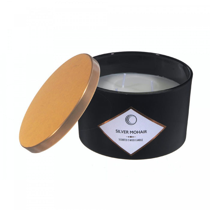 Bougie parfumée noir mat de 14 oz à 3 mèches à arôme de mohair argent