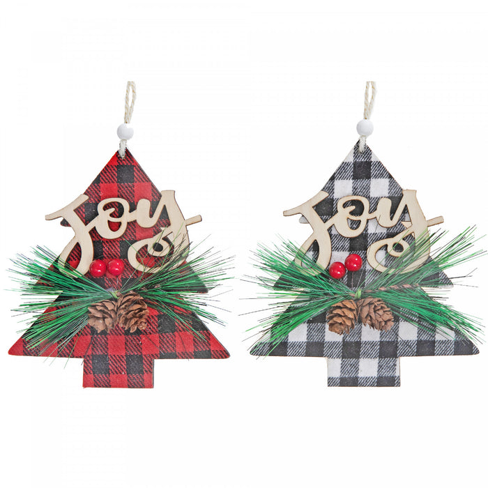 Ornement en bois « Joy » sur arbre à point à carreaux - ensemble de 12 ornements de Noël