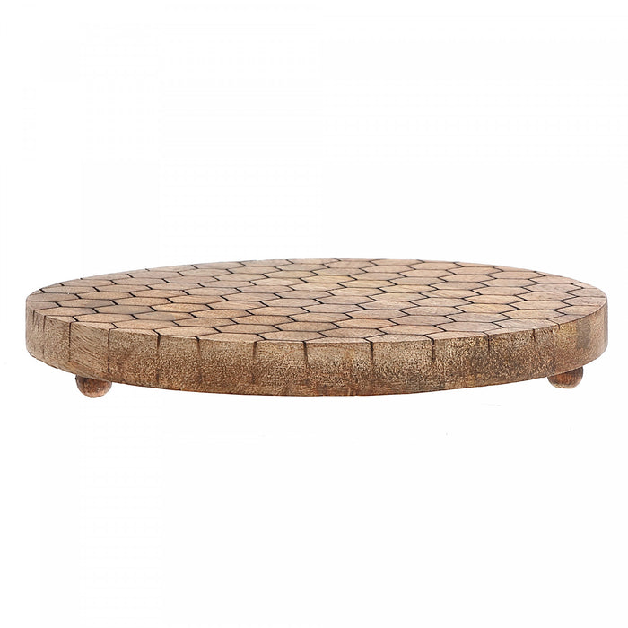 Sous-plat rond en manguier à motifs d’hexagones