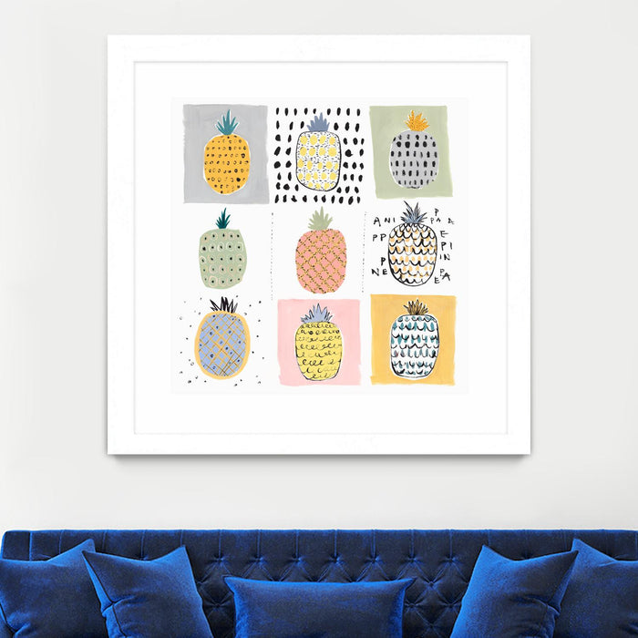 Œuvre d’art murale encadrée blanche et mate « Nine Pineapples » 36 x 36