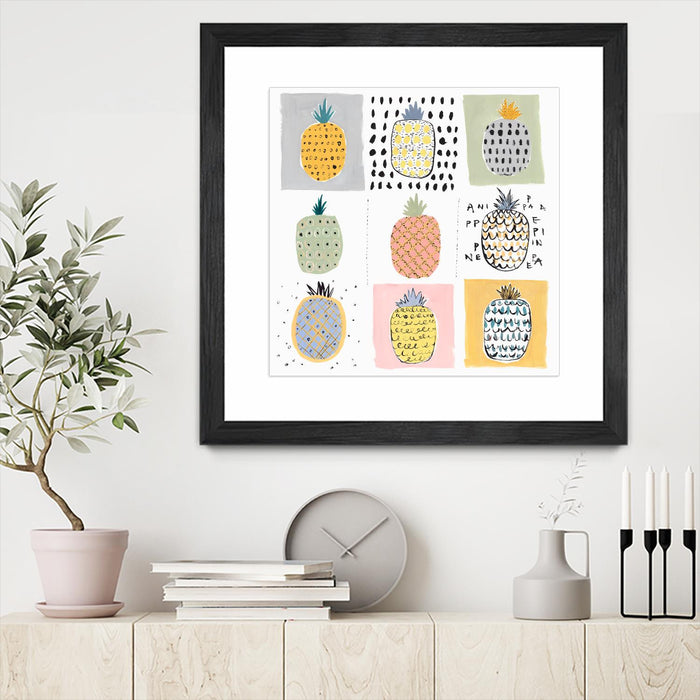 Œuvre d’art murale encadrée noire et mate « Nine Pineapples » 36 x 36
