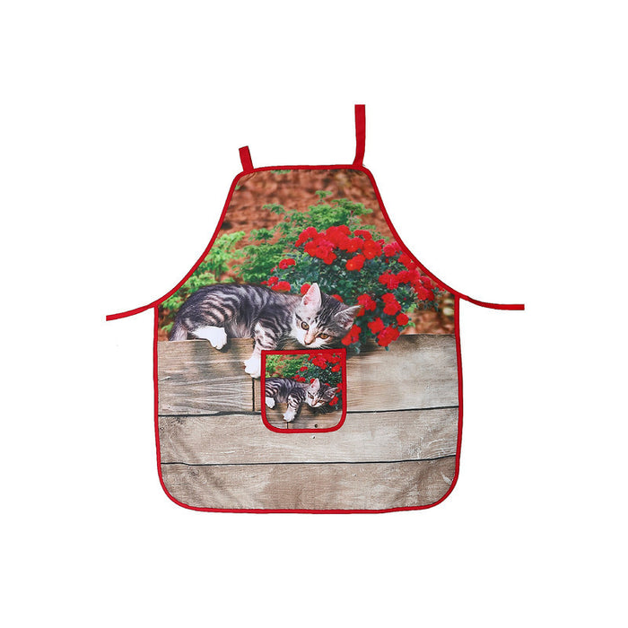Tablier avec poche orné d’un chat paresseux - ensemble de 2 pièces de linge pour la cuisine