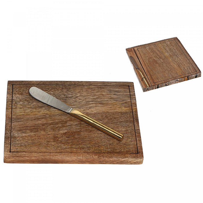 Plateau à fromage avec couteau à tartiner en manguier dans une boîte cadeau