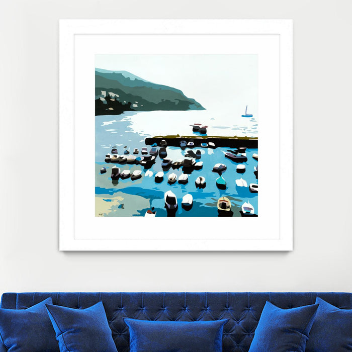 Œuvre d’art murale encadrée blanche et mate « Boats » 36 x 36
