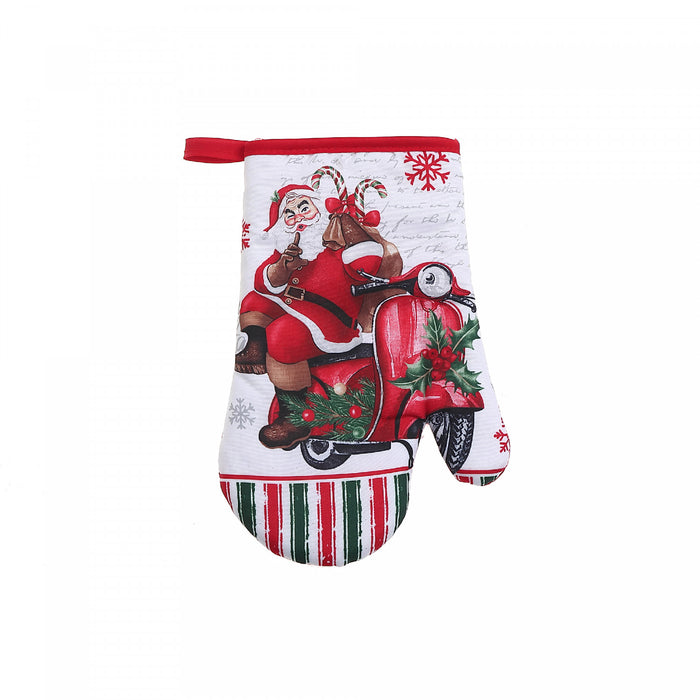 Mitaine de four ornée d’un père Noël sur un scooter - ensemble de 4