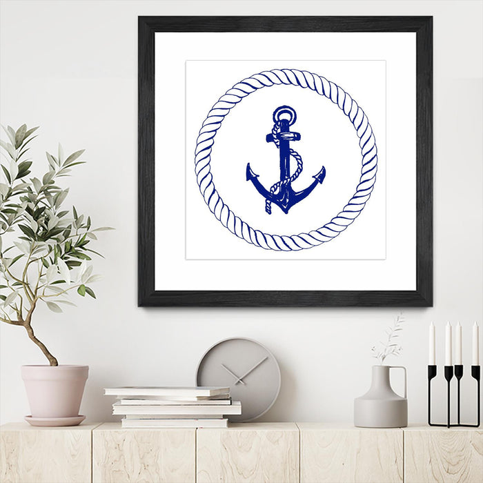 Œuvre d’art murale encadrée noire et mate « Blue Nautical Circle I » 36 x 36