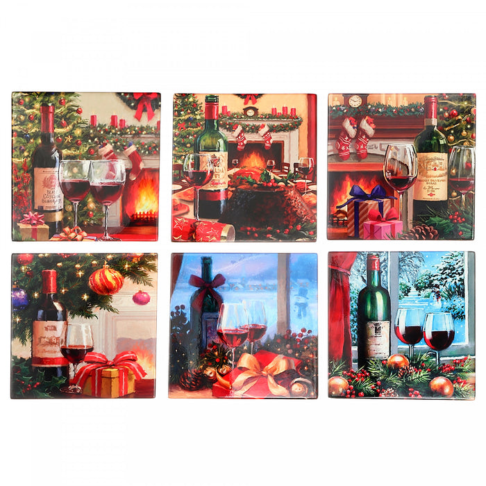 Sous-verre de Noël carré au thème du vin de 9 po en céramique - ensemble de 6