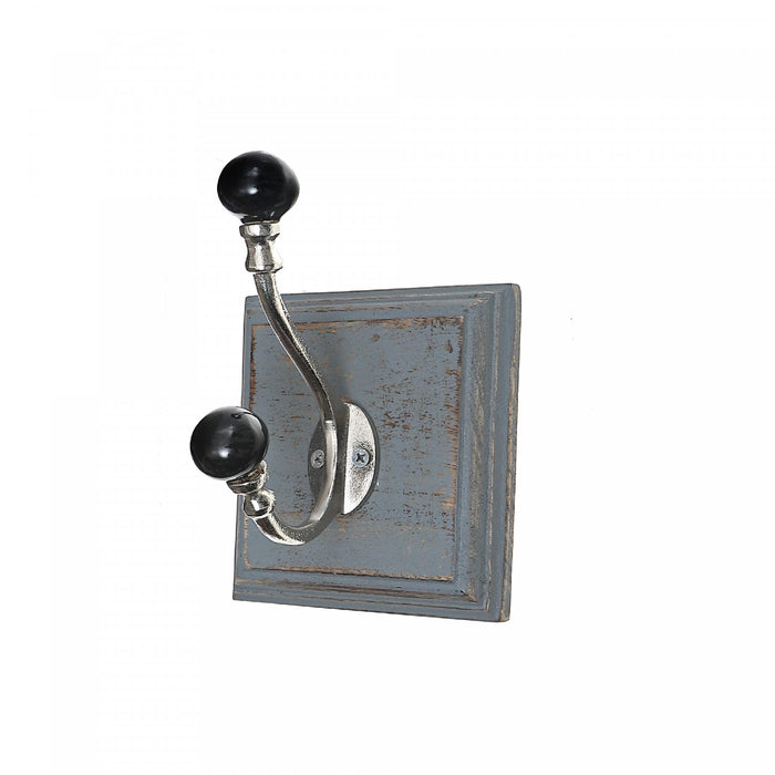 Crochet de couleur nickel antique avec boutons noirs et base en bois gris délavé - ensemble de 2 crochets