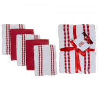 Paquet de 5 linges à vaisselle rayés rouge en tissu éponge pour la cuisine