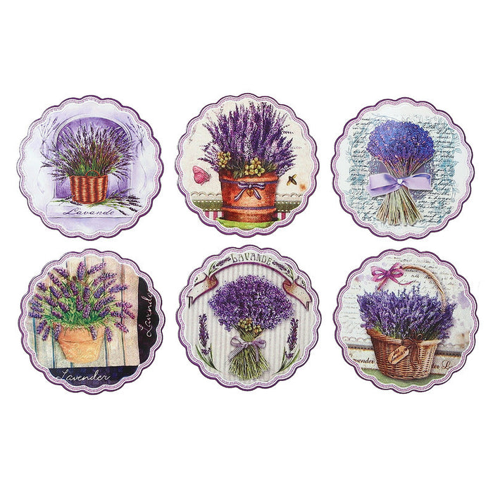 Sous-verre rond de 8 po en céramique à bordure en forme de coquillage avec lavande - ensemble de 6 sous-verre