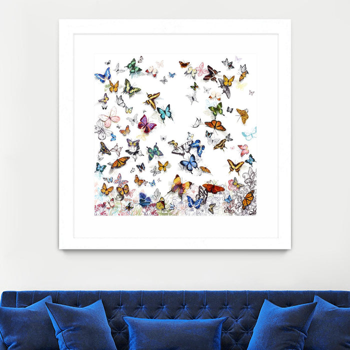 Œuvre d’art murale encadrée blanche et mate « Papillon » 30 x 30