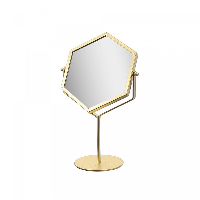 Miroir hexagonal sur piédestal doré pour la salle de bain