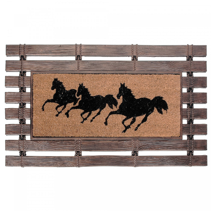 Tapis de plancher représentant une clôture en caoutchouc avec fibre de coco orné de chevaux au galop