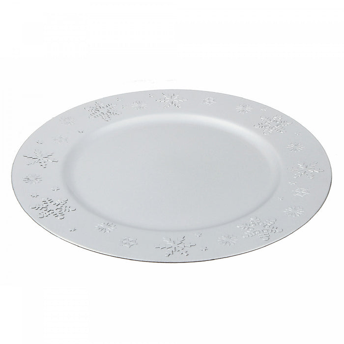 Assiette de présentation argentée ornée de flocons de neige