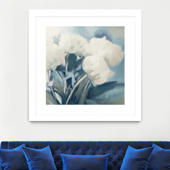 Œuvre d’art murale encadrée blanche et mate « White Roses I » 36 x 36