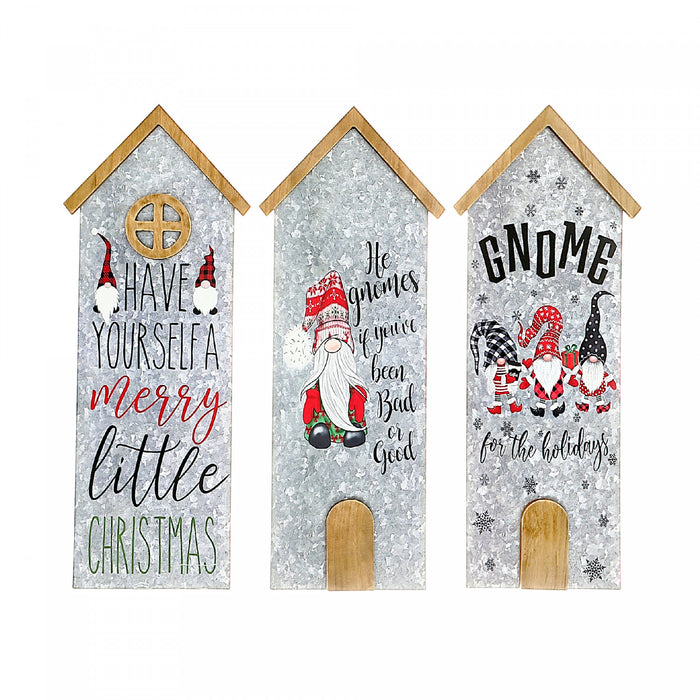 Décoration murale galvanisée en forme de maison, ornée de gnomes et de souhaits en anglais - ensemble de 3 décorations murales