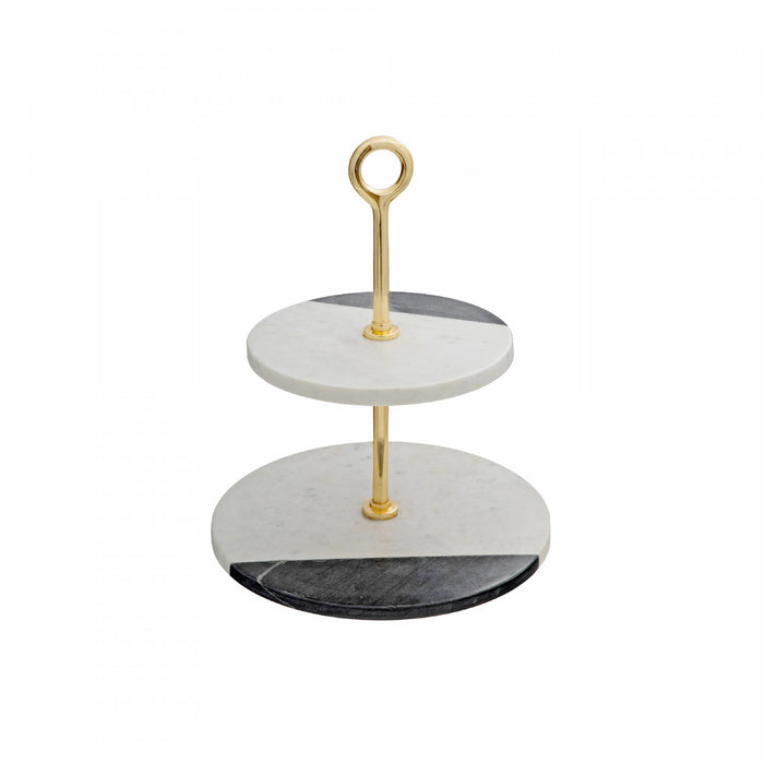 Assiette à gâteau sur pied à 2 étages en marbre blanc et noir