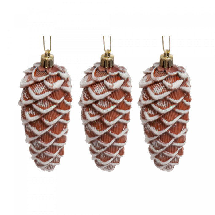 Paquet de 3 ornements de Noël bronze en forme de pomme de pin dans une boîte en PVC