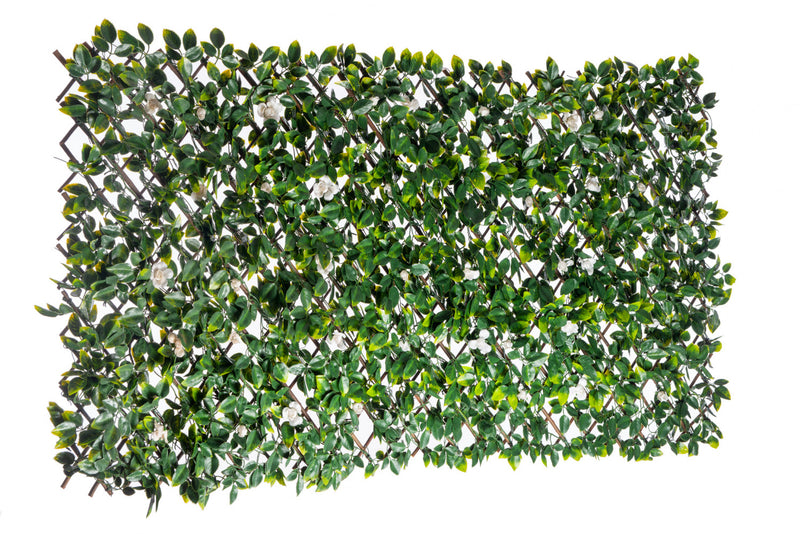 Treillis de saule extensible 36 po x 72 po avec feuilles de rose blanche artificielles