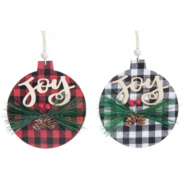 Ornement en bois « Joy » sur boule à point à carreaux - ensemble de 12 ornements de Noël