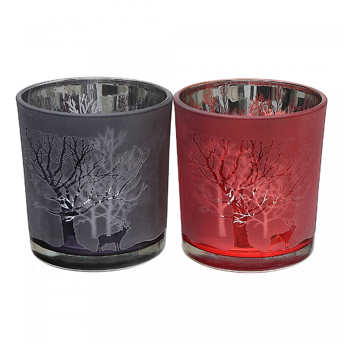 Bougeoirs pour bougie chauffe-plats en verre avec arbres ambrés - ensemble de 2 bougeoirs