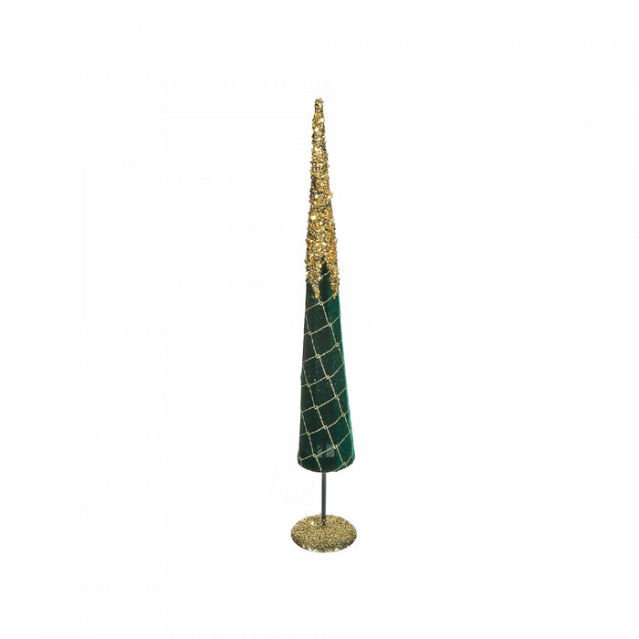 Arbre de Noël conique sur pied vert en velours avec pointe dorée (grand)