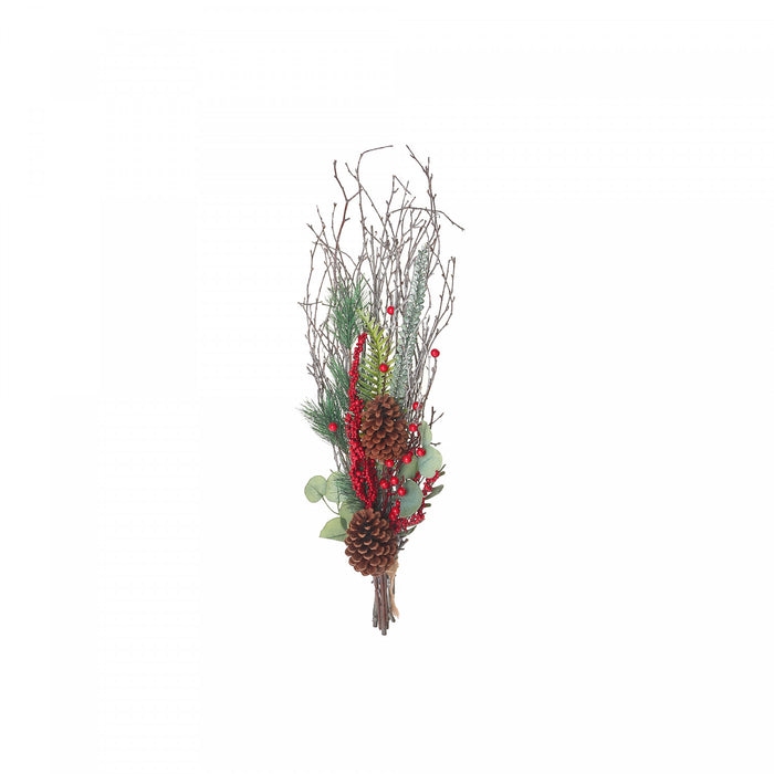 Bouquet floral festif séché artificiel avec pommes de pin et eucalyptus