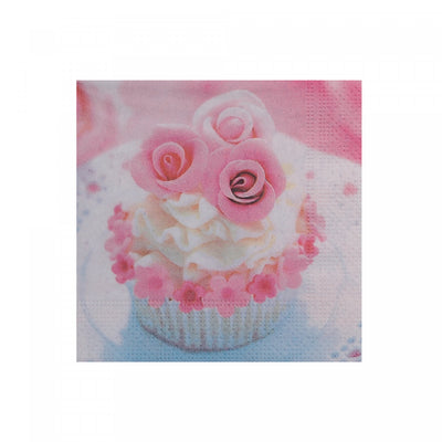 20 Pack 3 Ply Cocktail Napkin Rose Cupcake - Set of 6|Paquet de 20 serviettes cocktail à 3 épaisseurs ornées d’un petit gâteau à roses - ensemble de 6 paquets