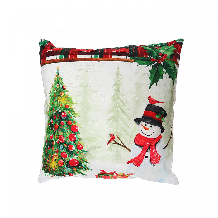 Coussin à DEL 18 x 18 en velours orné d’un bonhomme de neige avec arbre - ensemble de 2 coussins
