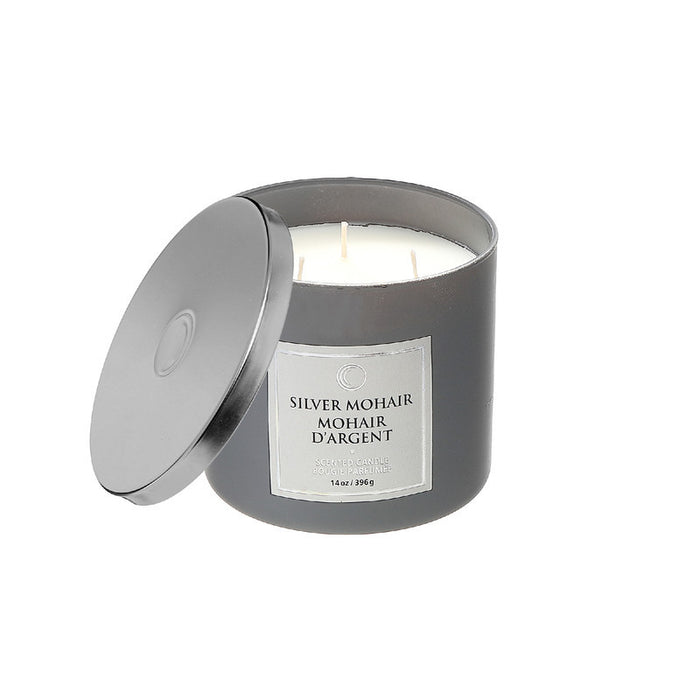 Bougie parfumée de luxe de 14 oz à 3 mèches à arôme de mohair argent avec couvercle - ensemble de 2