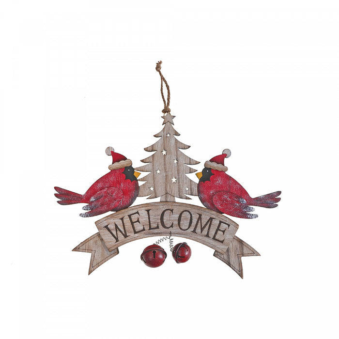 Décoration murale « Welcome » ornée de deux cardinaux en bois