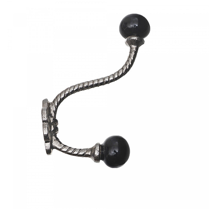 Crochet torsadé en fer de couleur nickel avec bouton en céramique noire - ensemble de 4 crochets
