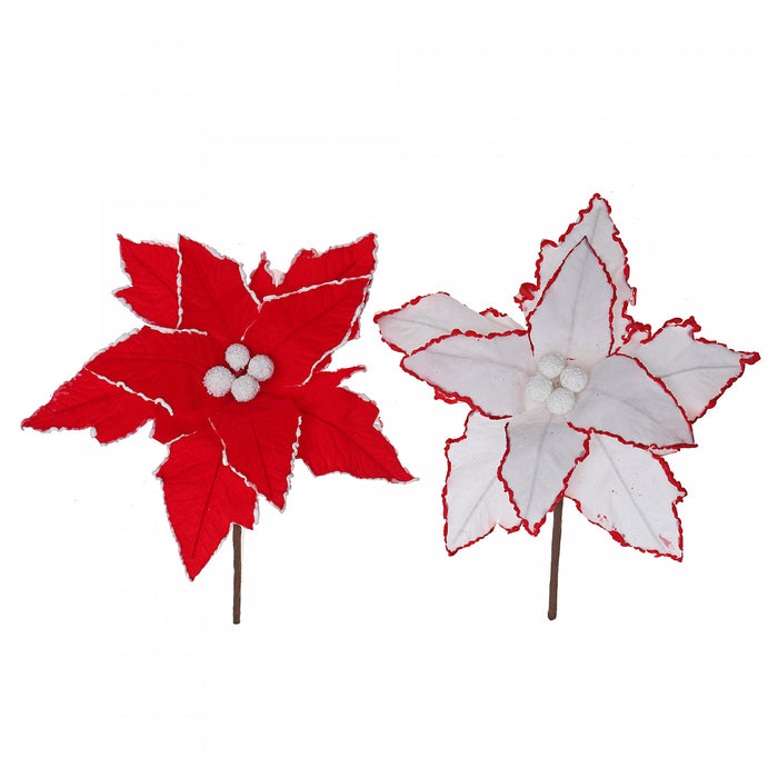 Décoration florale avec poinsettia rouge et blanc à bordure - ensemble de 12
