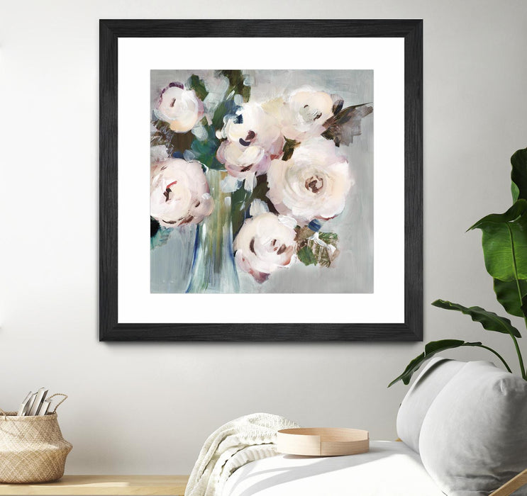 Œuvre d’art murale encadrée noire et mate « Pale Pink Bouquet I » 30 x 30