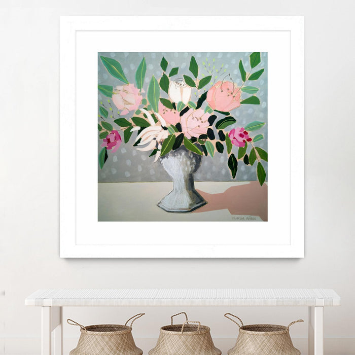 Œuvre d’art murale encadrée blanche et mate « Spring Florals 1 » 30 x 30