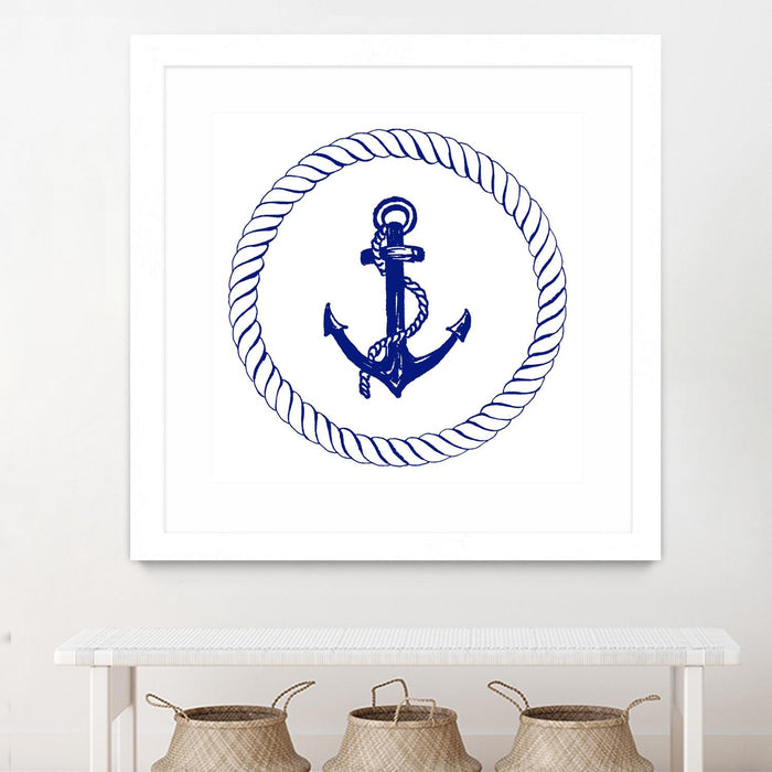Œuvre d’art murale encadrée blanche et mate « Blue Nautical Circle I » 36 x 36