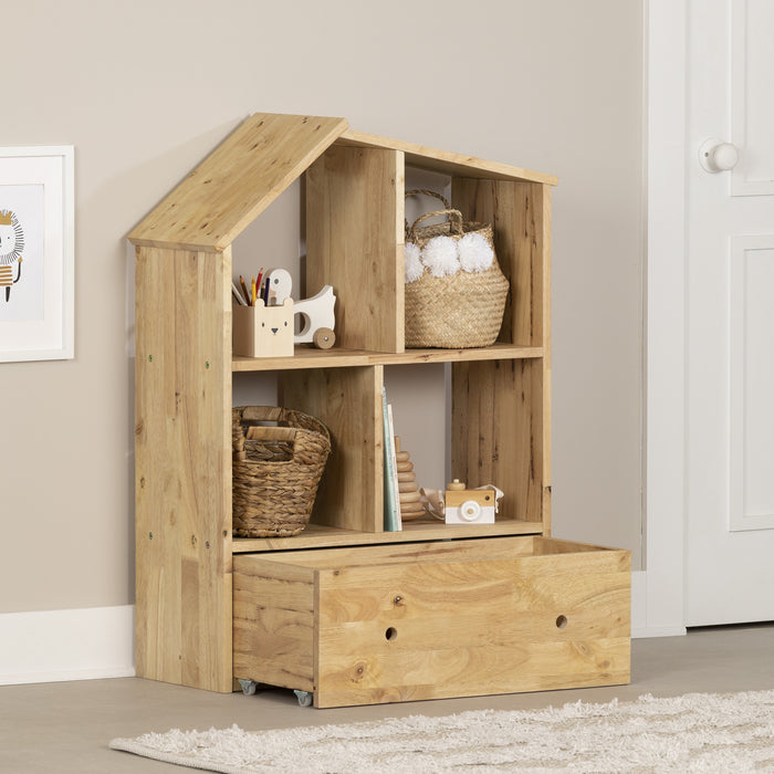 Bibliothèque en forme de maison Sweedi avec bac de rangement - bois naturel 