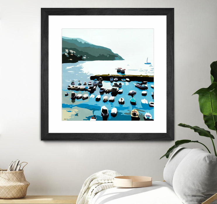 Œuvre d’art murale encadrée noire et mate « Boats » 30 x 30