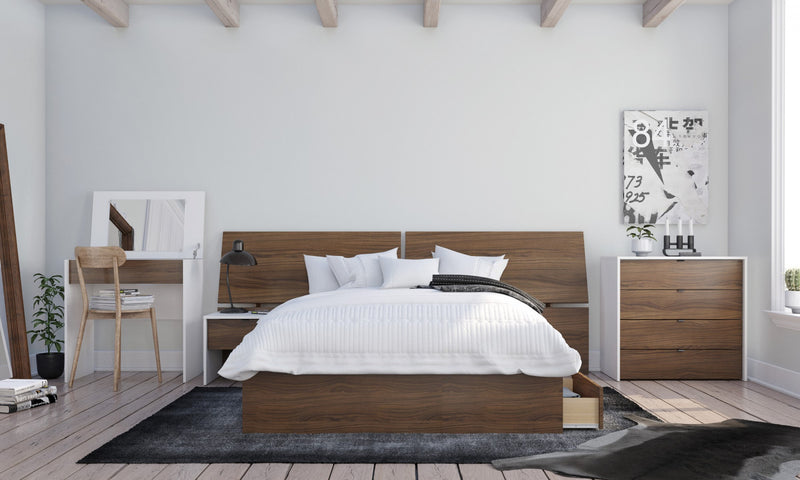 Commode verticale Nordika à 4 tiroirs - blanche et noyer