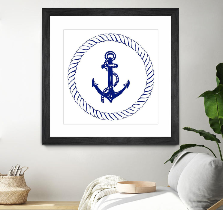 Œuvre d’art murale encadrée noire et mate « Blue Nautical Circle I » 36 x 36