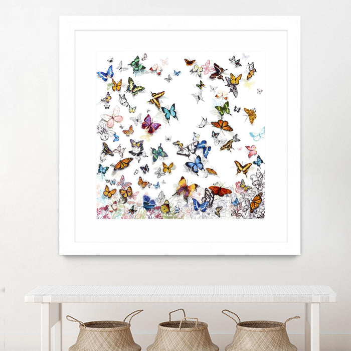 Œuvre d’art murale encadrée blanche et mate « Papillon » 30 x 30