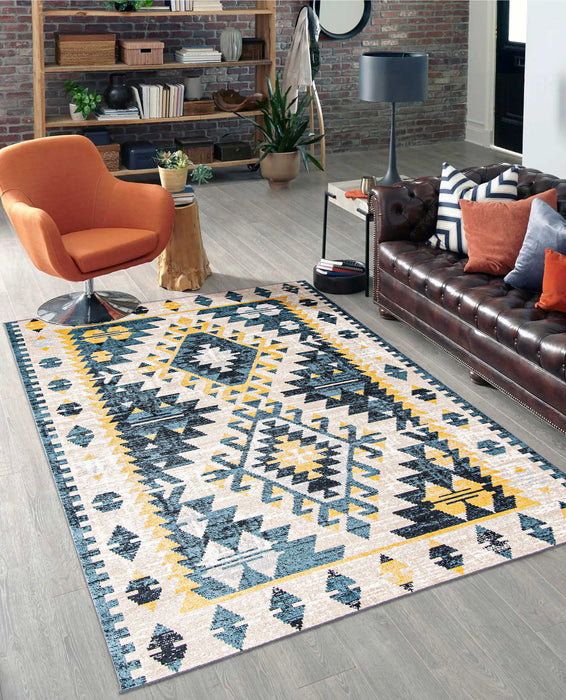 Carpette Mosaic taupe et bleue lavable à la machine - 5 pi 0 po x 7 pi 0 po