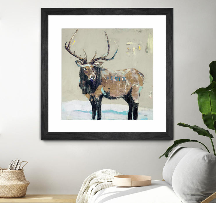 Œuvre d’art murale encadrée noire et mate « Winter Elk Neutral » 36 x 36