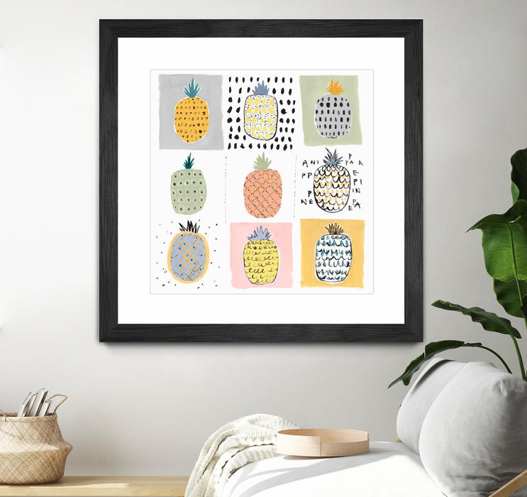 Œuvre d’art murale encadrée noire et mate « Nine Pineapples » 30 x 30