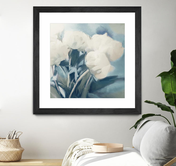Œuvre d’art murale encadrée noire et mate « White Roses I » 36 x 36