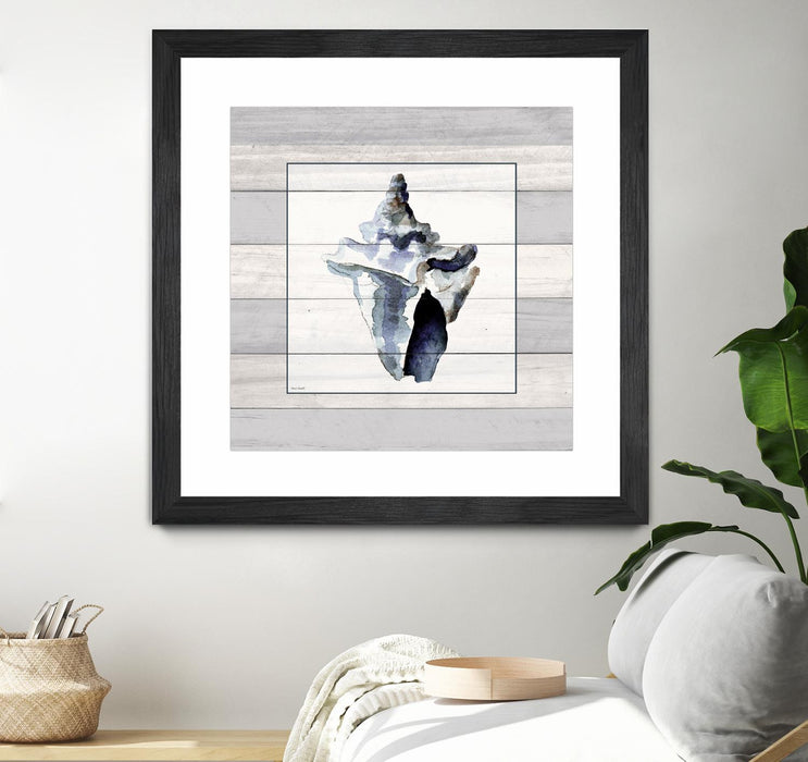Œuvre d’art murale encadrée noire et mate « Muted Blue Sea Conch On Wood » 36 x 36