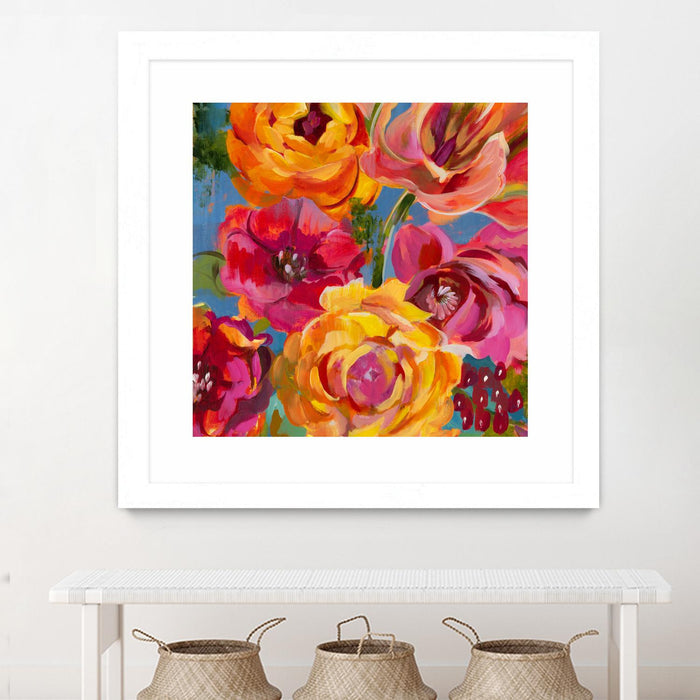 Œuvre d’art murale encadrée blanche et mate « Spring Bouquet V32 » 30 x 30