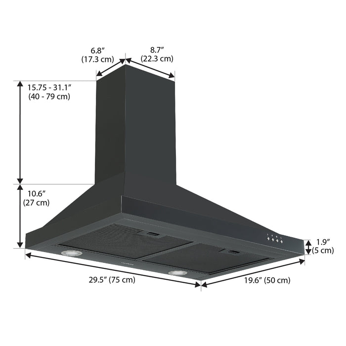 Hotte de cuisinière murale convertible Ancona de 30 po de style pyramidal en acier inoxydable noir - AN-17-16BSS