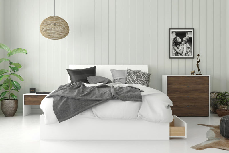 Commode verticale Nordika à 4 tiroirs - blanche et noyer