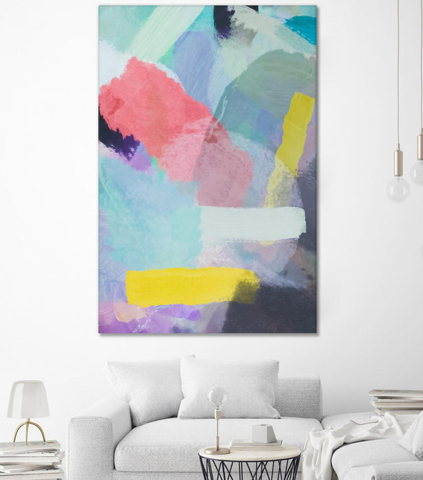 Œuvre d’art murale Giant Art « Brush Painting Texture Abstract In Blue Pink Yellow Green » 72 x 48